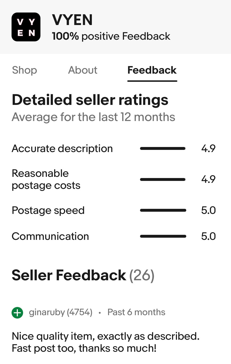 VYEN Ebay Store Positive Review 