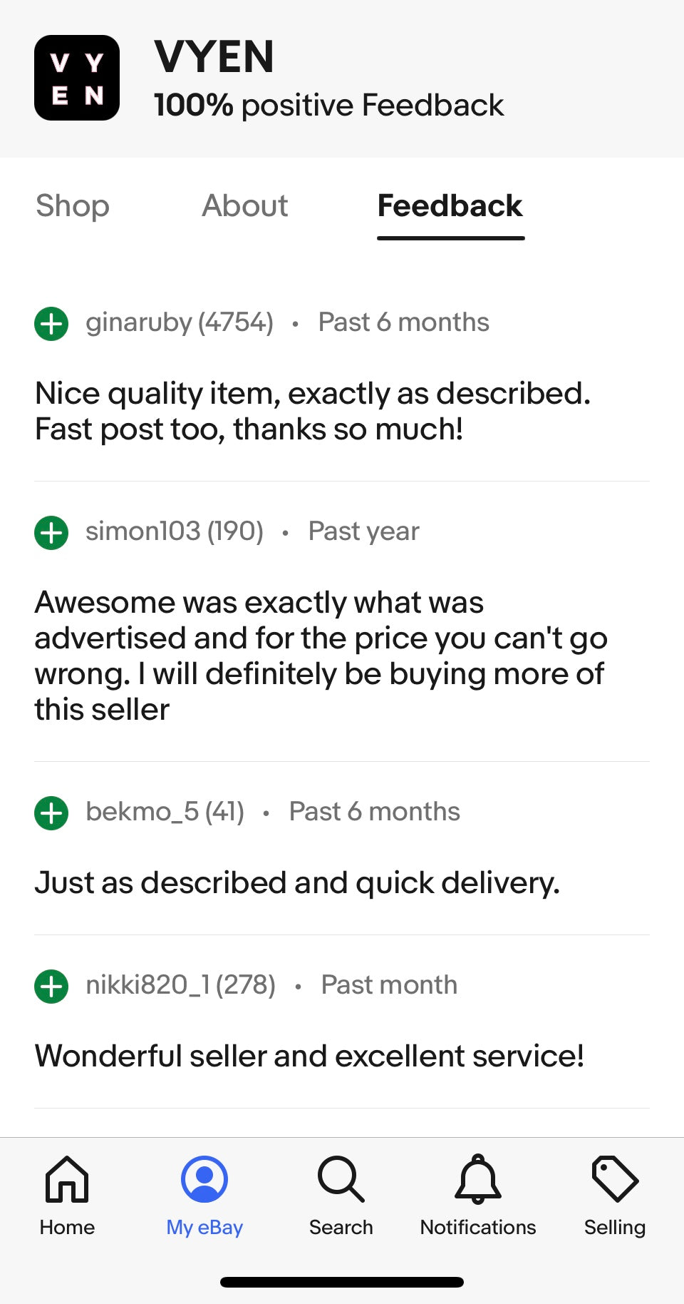 VYEN Ebay Store Positive reviews