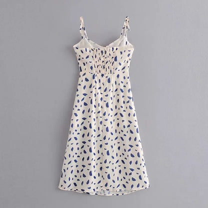 Evie Splash Blue Print Midi Dress with Side Slit | VYEN