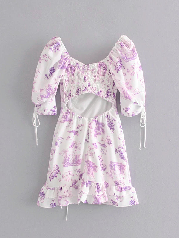 Field of Lilacs Country Core Ruched Lantern Sleeves Dress - VYEN