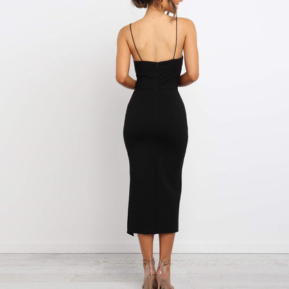 True Love Asymmetric Midi Slit Dress in Black | VYEN