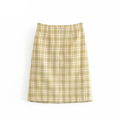 Valerie Green Plaid Skirt with Side Buttons- VYEN