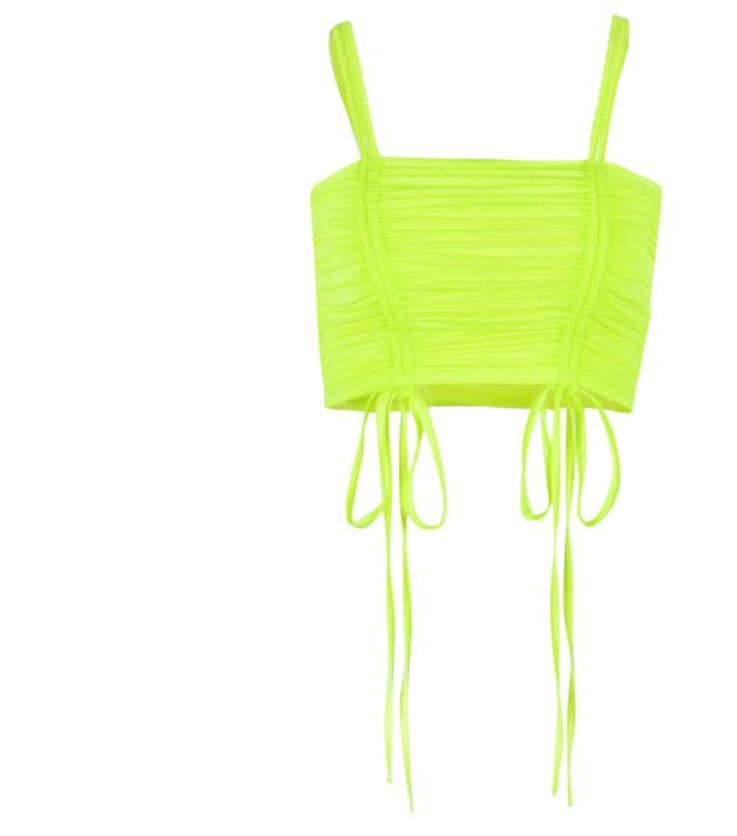 Double Trouble Slinky Ruched Drawstring Crop Top in Neon Green - VYEN